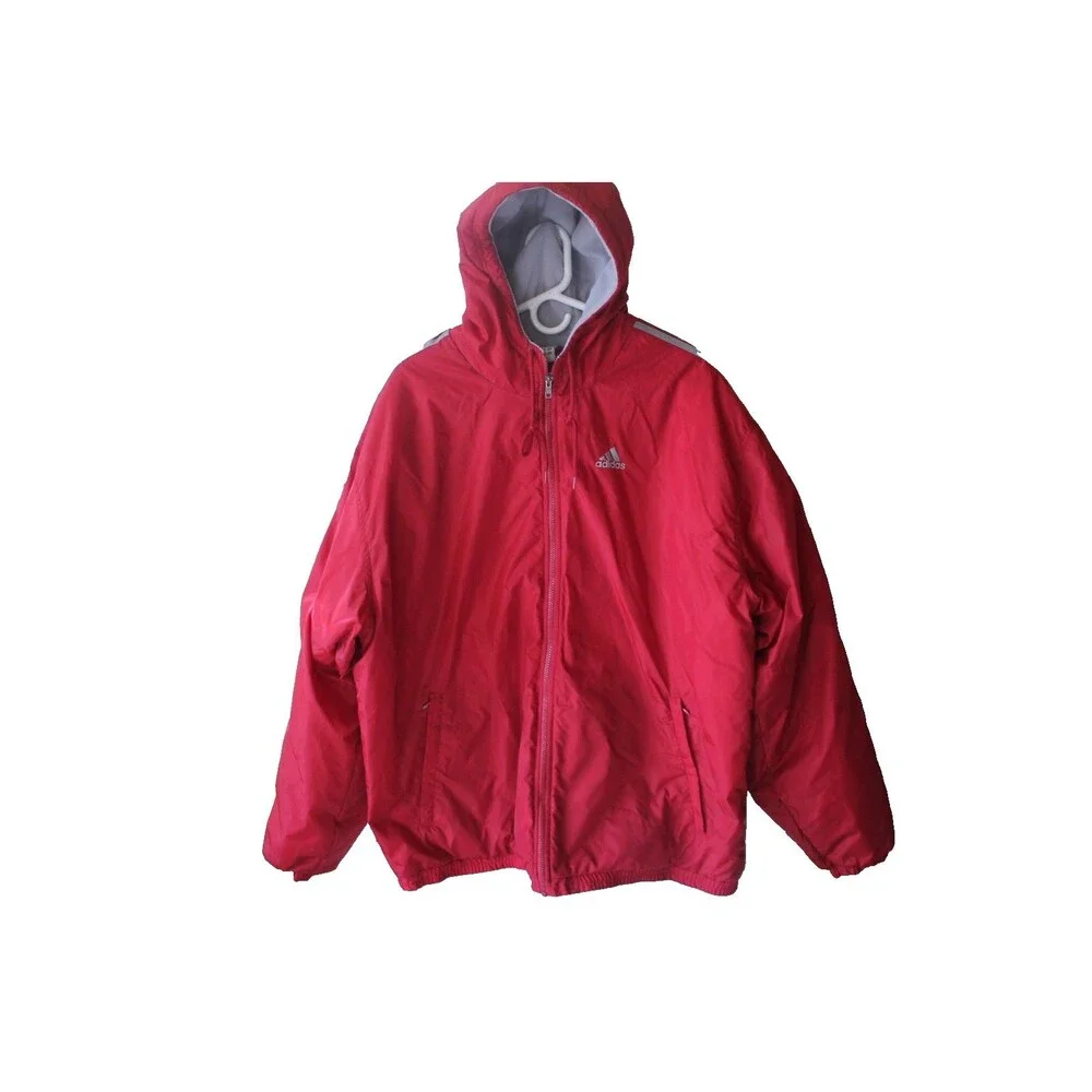 VTG Y2K Adidas Puffer Jacket Red Fleece Lined Hooded Men's Extra Large XL
